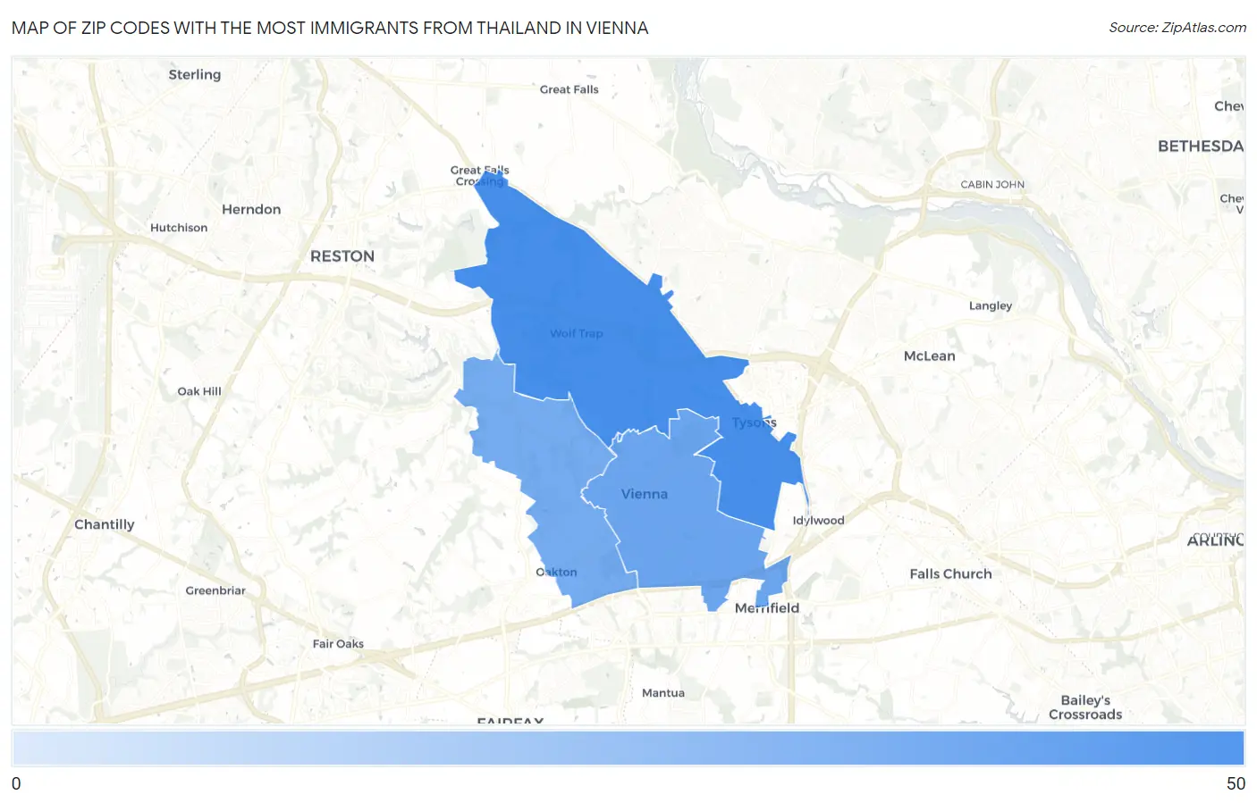 Zip Codes with the Most Immigrants from Thailand in Vienna Map