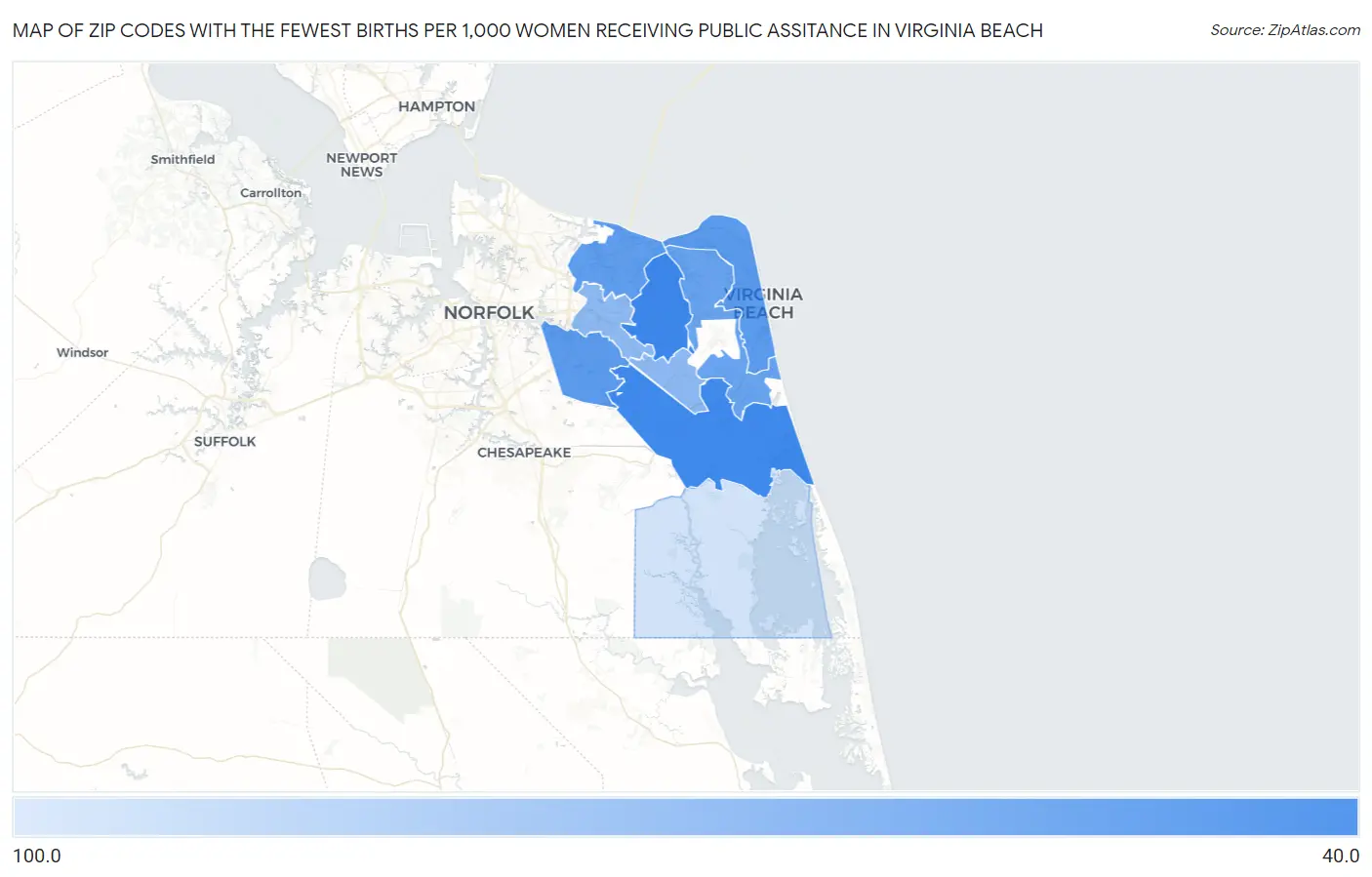 Zip Codes with the Fewest Births per 1,000 Women Receiving Public Assitance in Virginia Beach Map