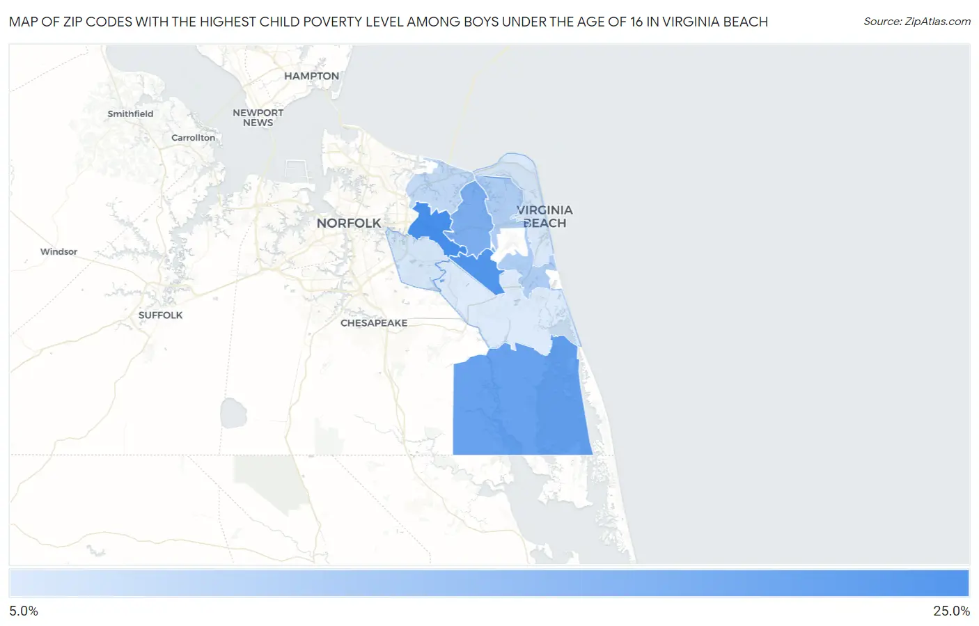Zip Codes with the Highest Child Poverty Level Among Boys Under the Age of 16 in Virginia Beach Map