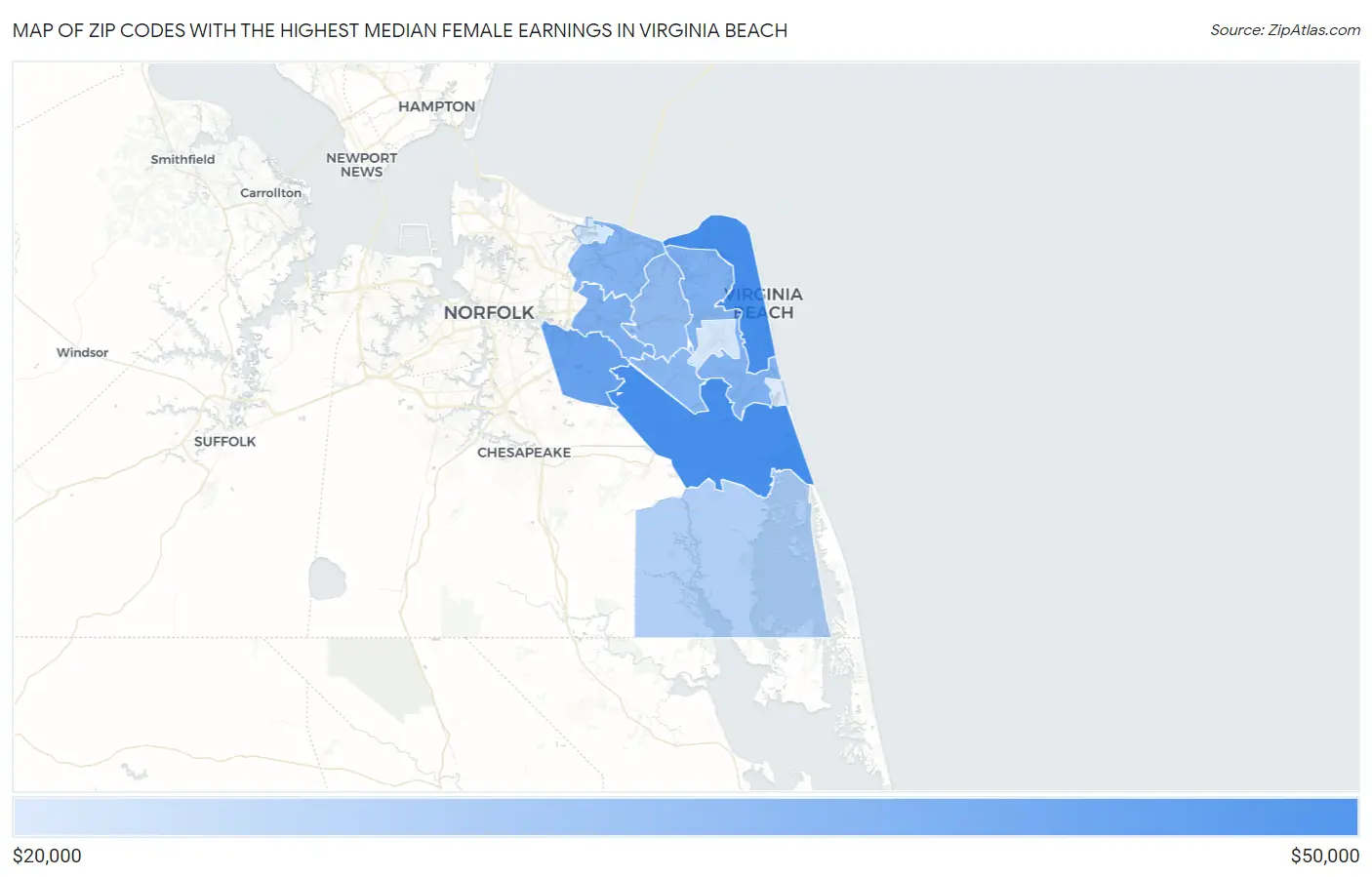 Zip Codes with the Highest Median Female Earnings in Virginia Beach Map