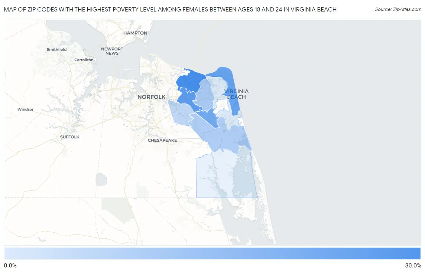Zip Codes with the Highest Poverty Level Among Females Between Ages 18 and 24 in Virginia Beach Map