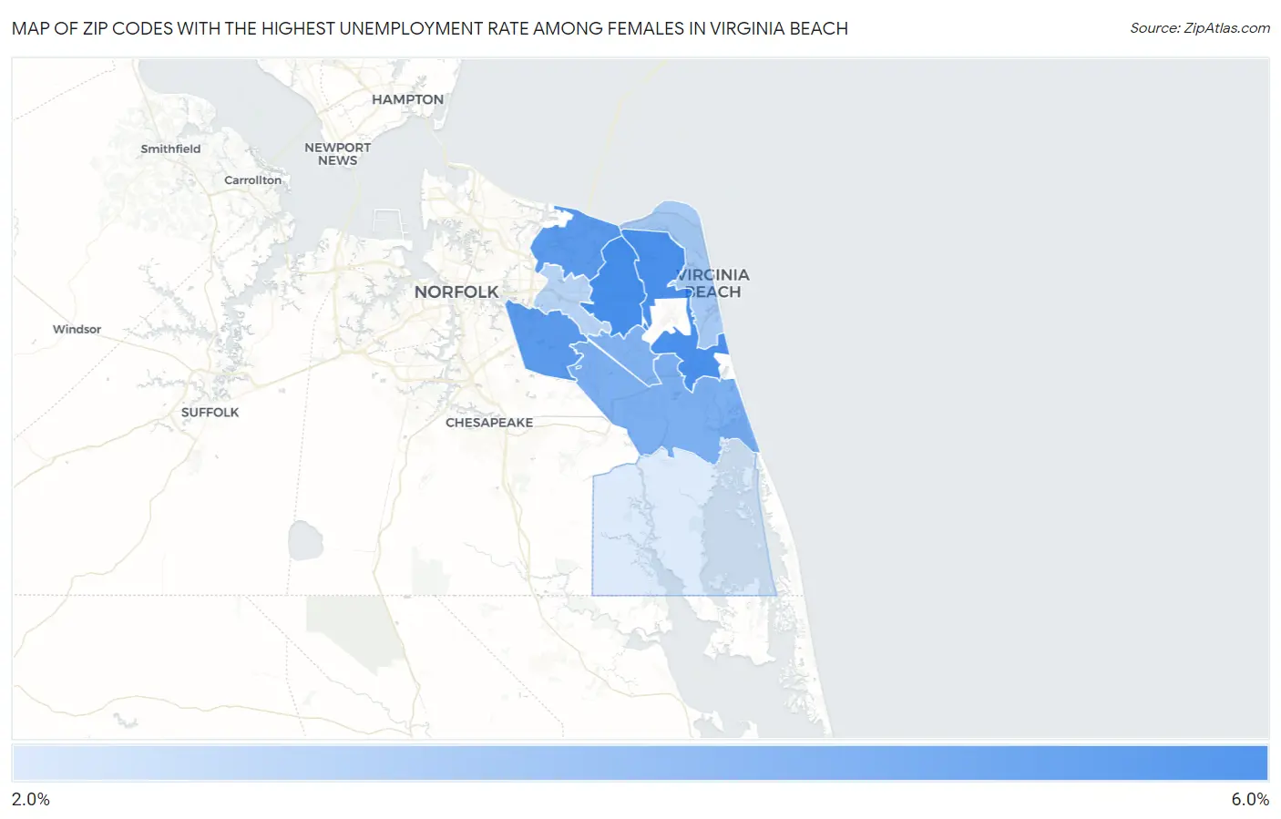 Zip Codes with the Highest Unemployment Rate Among Females in Virginia Beach Map