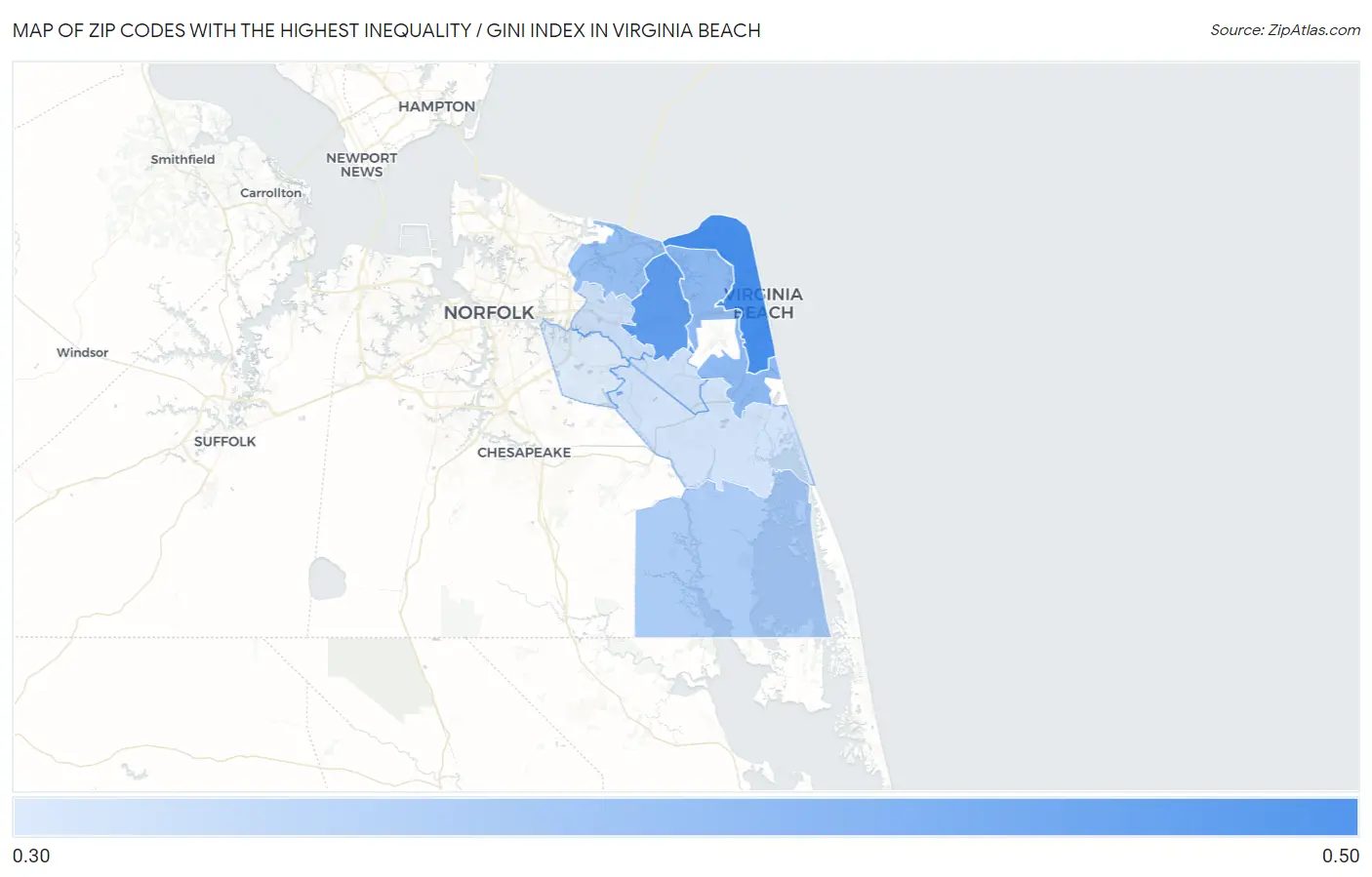 Zip Codes with the Highest Inequality / Gini Index in Virginia Beach Map