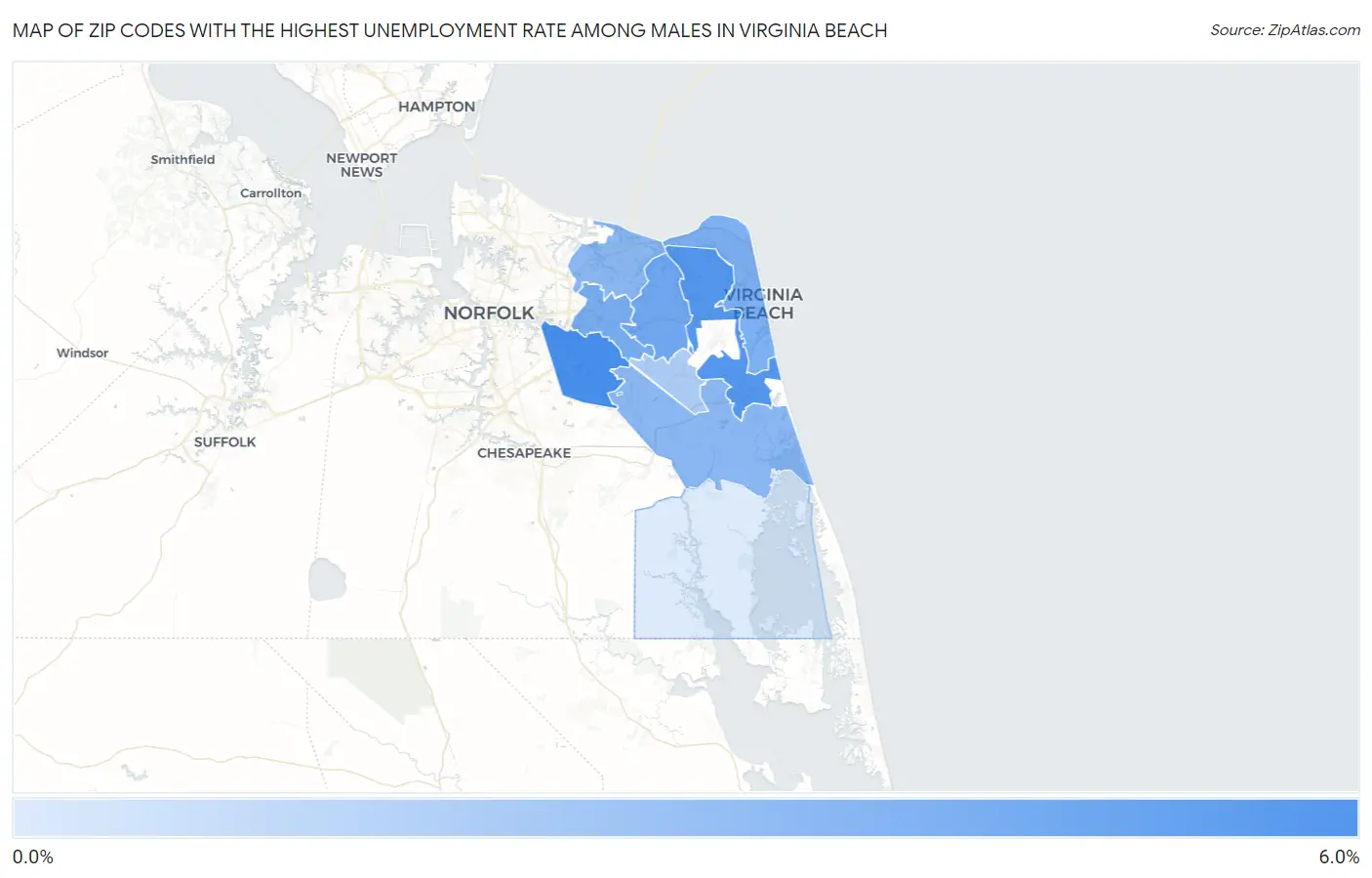 Zip Codes with the Highest Unemployment Rate Among Males in Virginia Beach Map