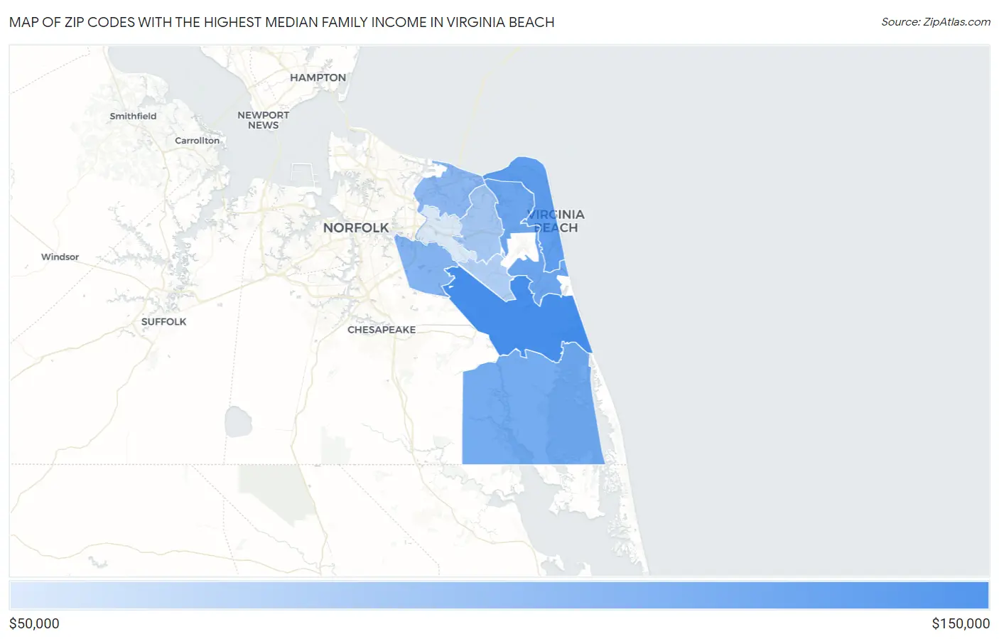 Zip Codes with the Highest Median Family Income in Virginia Beach Map