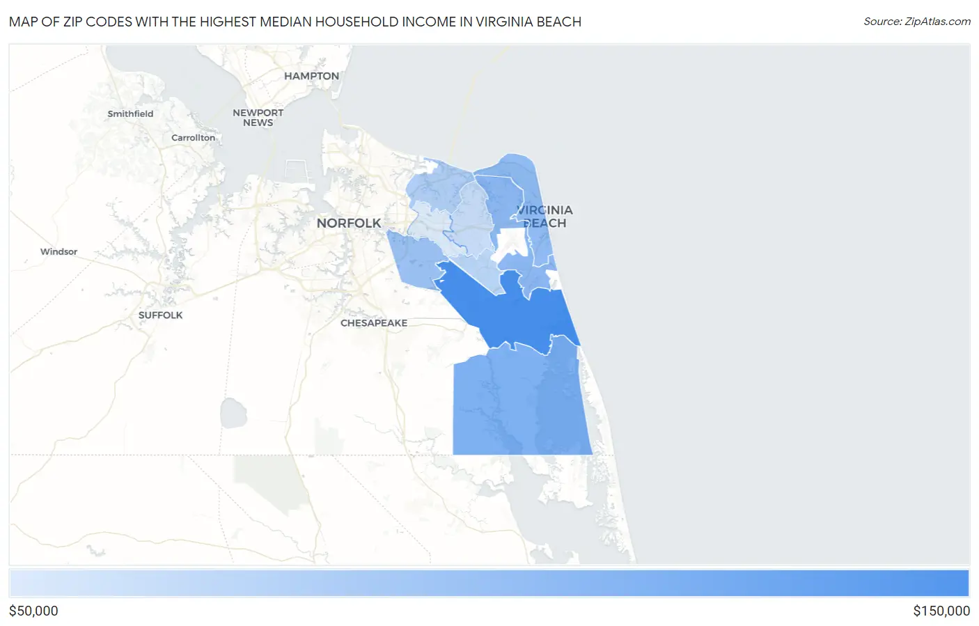 Zip Codes with the Highest Median Household Income in Virginia Beach Map