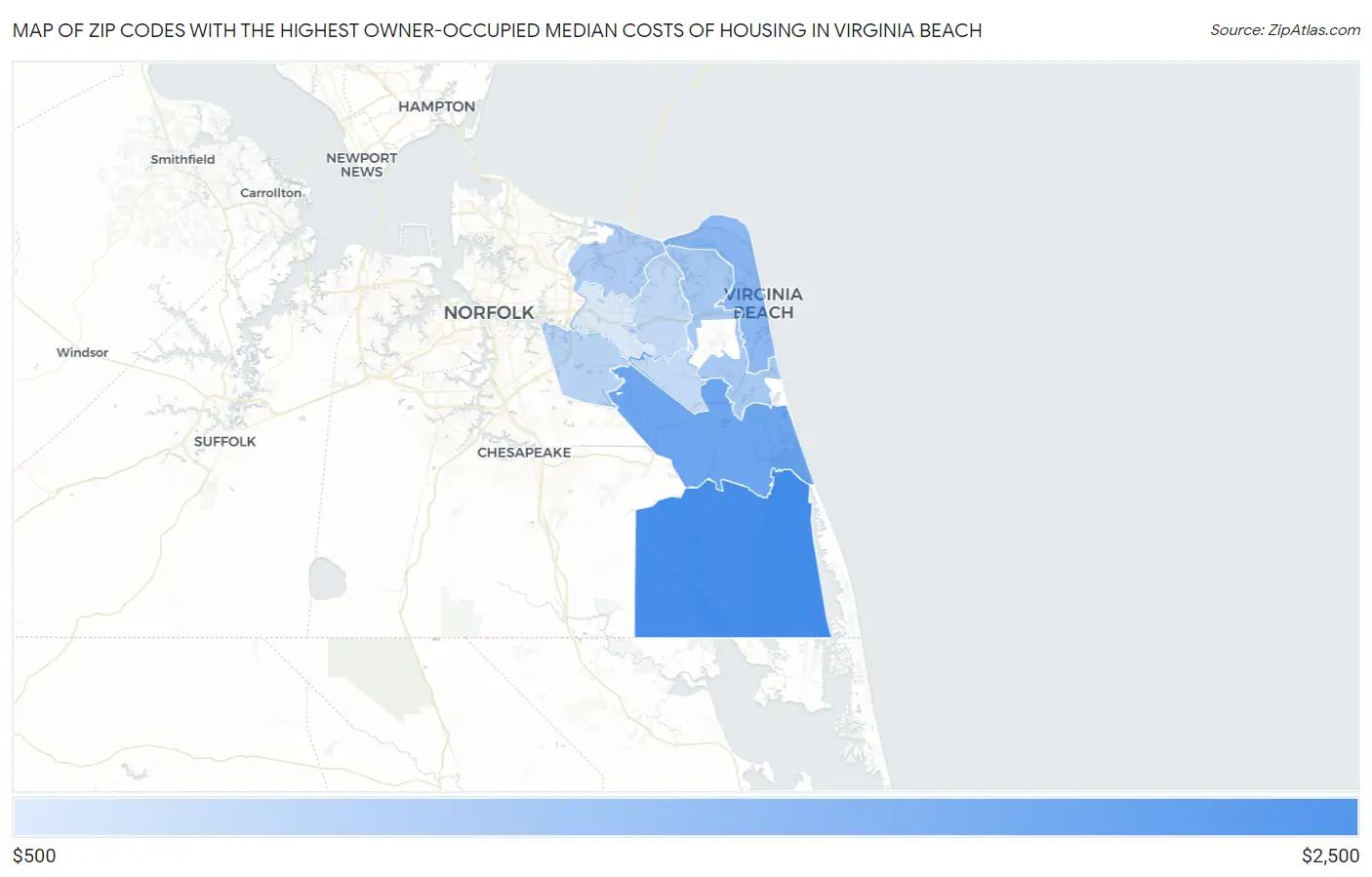 Zip Codes with the Highest Owner-Occupied Median Costs of Housing in Virginia Beach Map