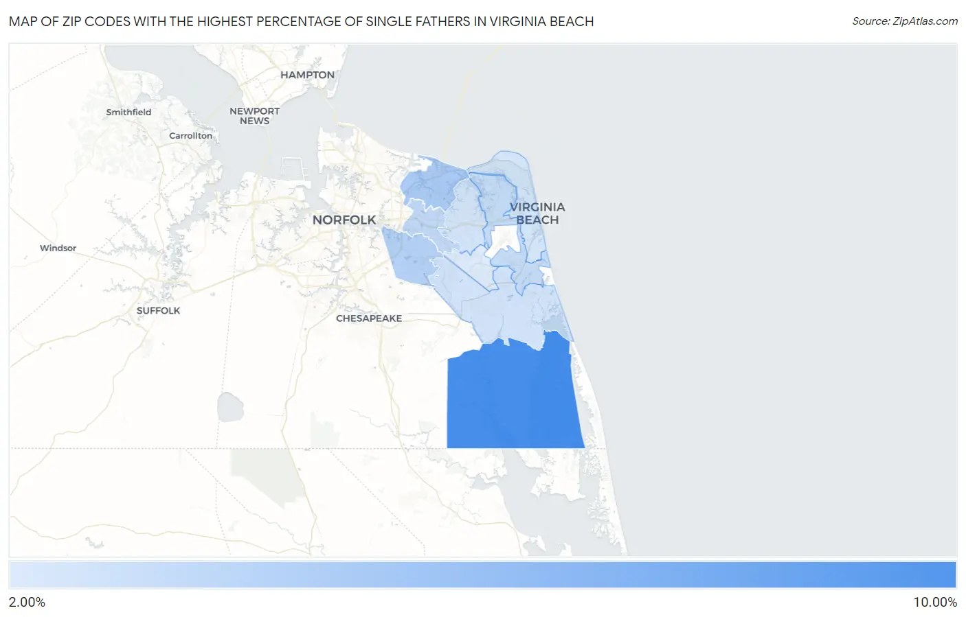 Zip Codes with the Highest Percentage of Single Fathers in Virginia Beach Map