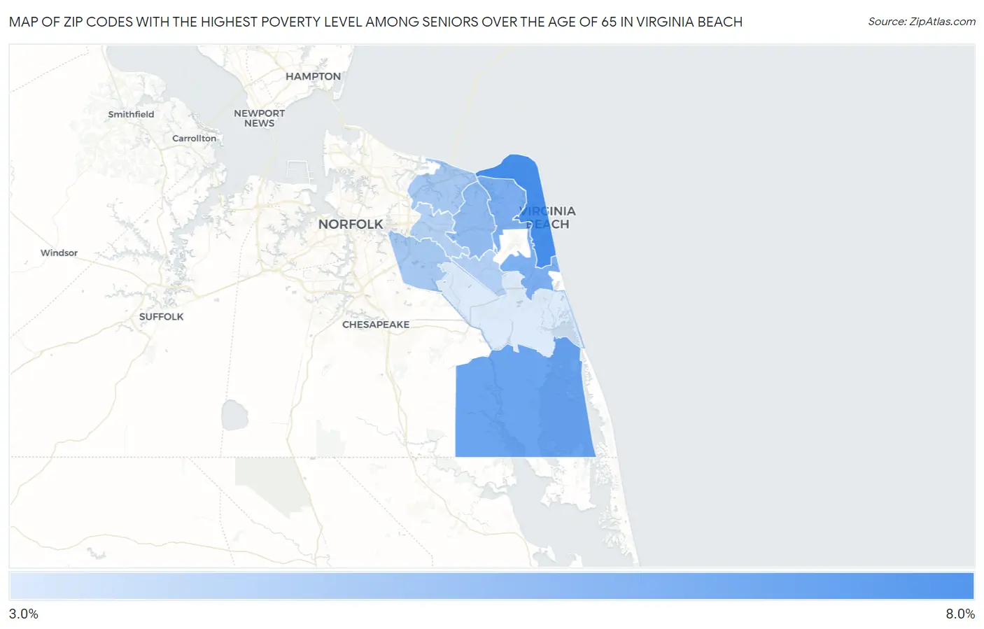 Zip Codes with the Highest Poverty Level Among Seniors Over the Age of 65 in Virginia Beach Map