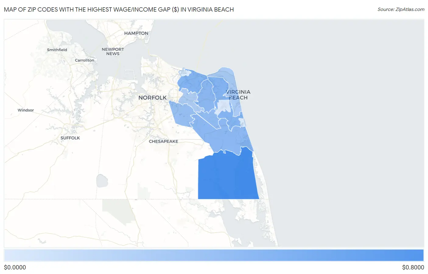 Zip Codes with the Highest Wage/Income Gap ($) in Virginia Beach Map