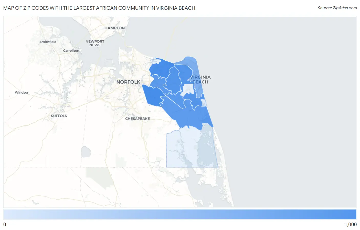 Zip Codes with the Largest African Community in Virginia Beach Map