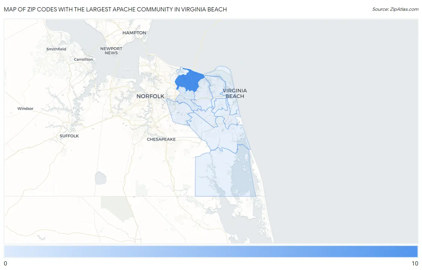 Zip Codes with the Largest Apache Community in Virginia Beach Map