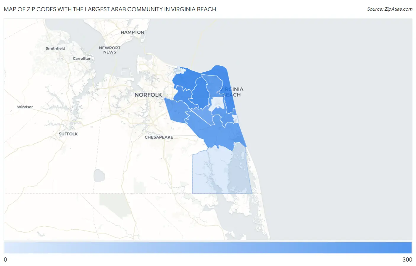 Zip Codes with the Largest Arab Community in Virginia Beach Map
