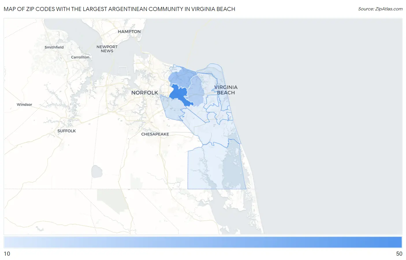 Zip Codes with the Largest Argentinean Community in Virginia Beach Map