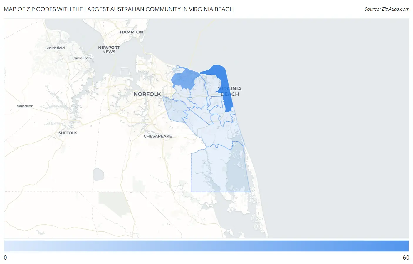 Zip Codes with the Largest Australian Community in Virginia Beach Map