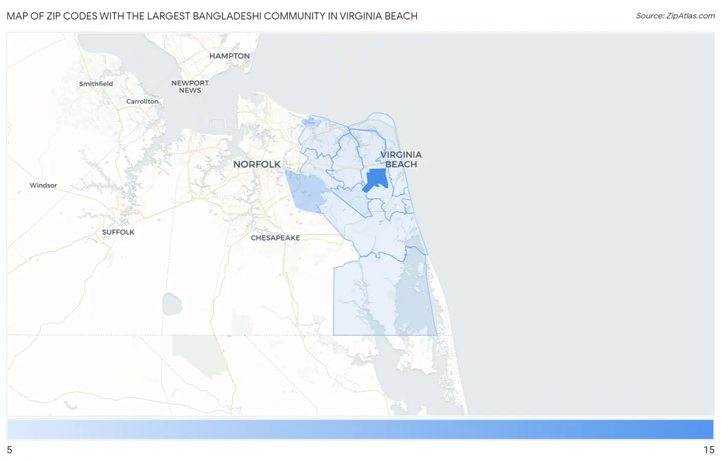 Zip Codes with the Largest Bangladeshi Community in Virginia Beach Map