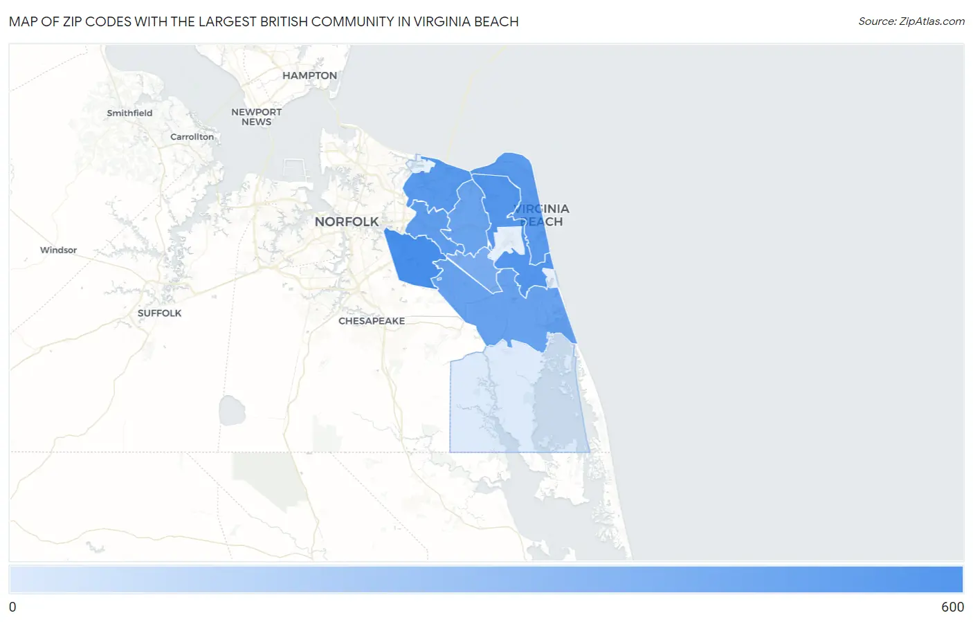 Zip Codes with the Largest British Community in Virginia Beach Map