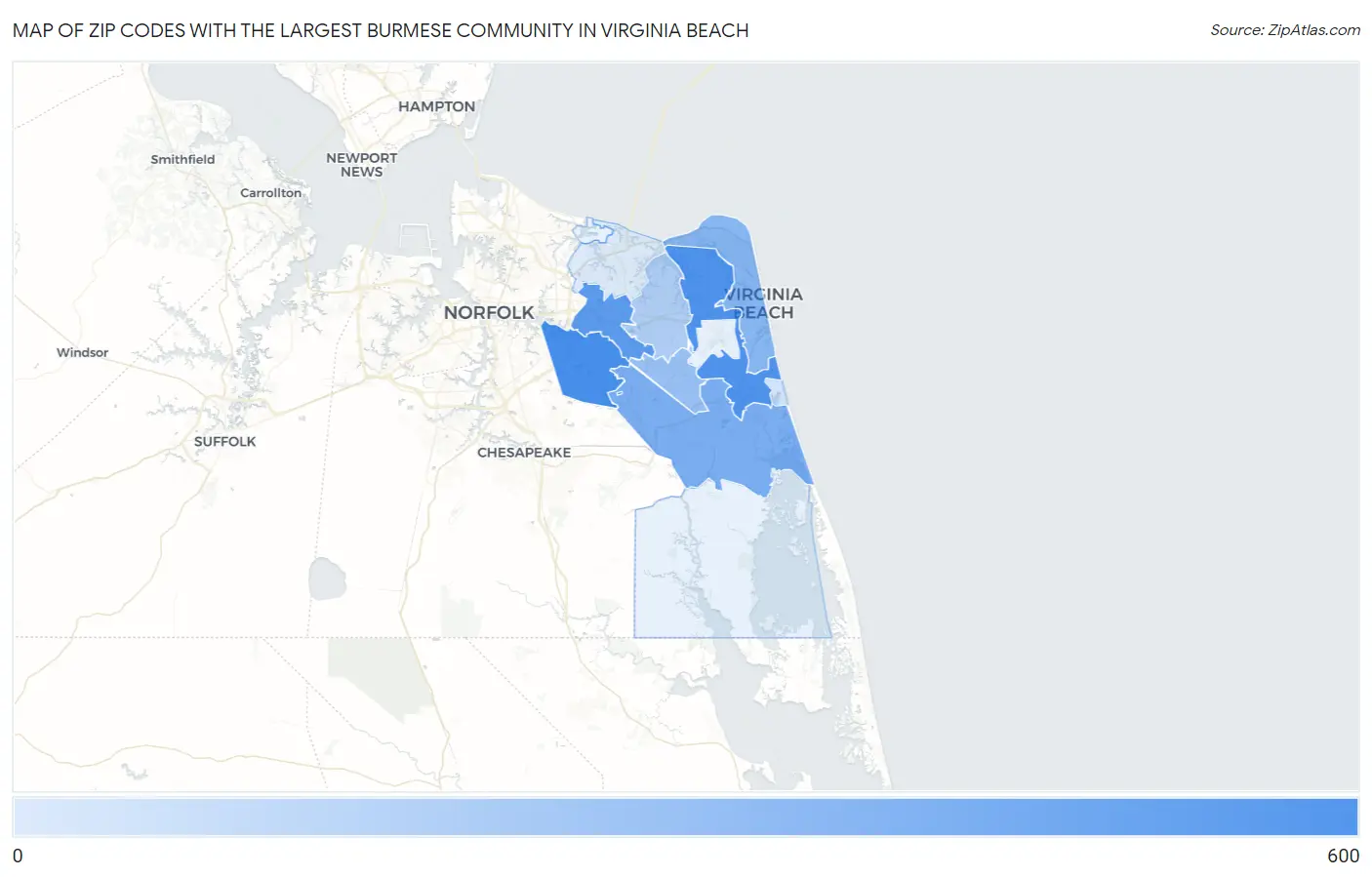 Zip Codes with the Largest Burmese Community in Virginia Beach Map