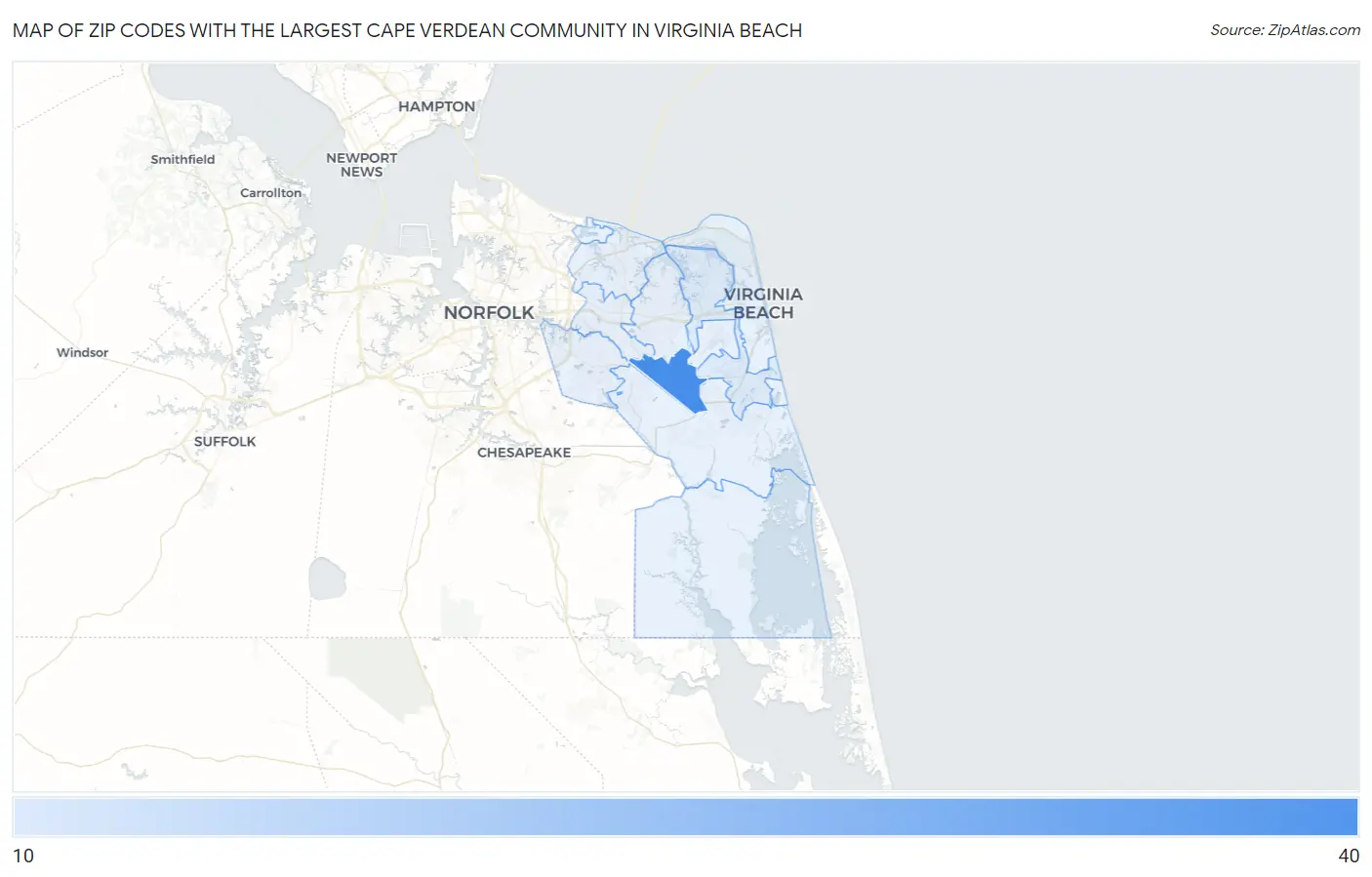 Zip Codes with the Largest Cape Verdean Community in Virginia Beach Map