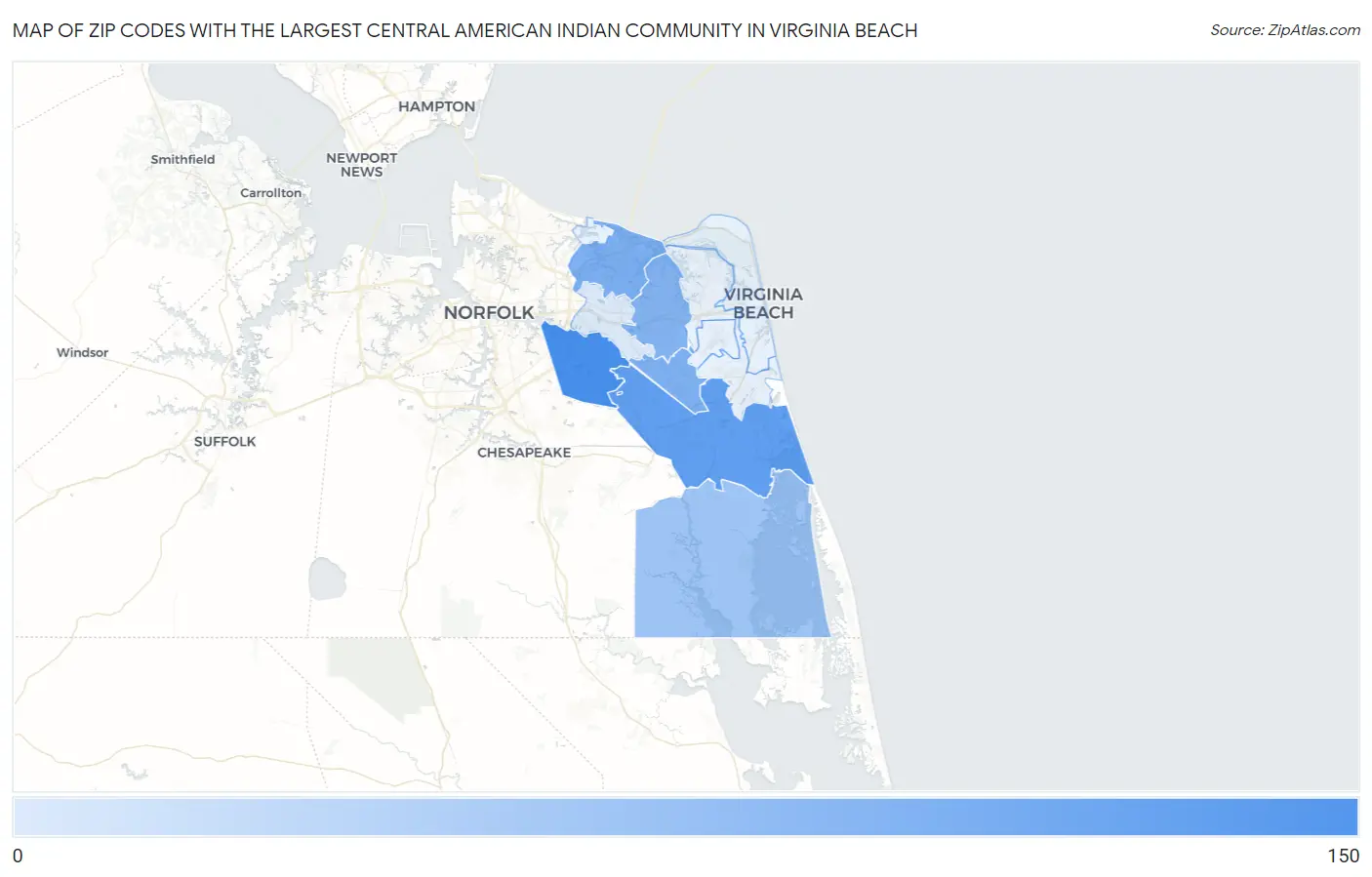 Zip Codes with the Largest Central American Indian Community in Virginia Beach Map