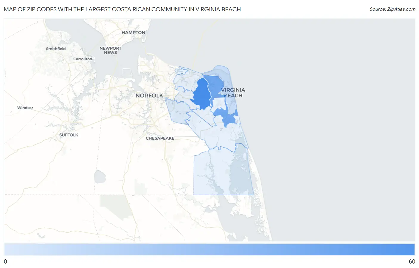 Zip Codes with the Largest Costa Rican Community in Virginia Beach Map