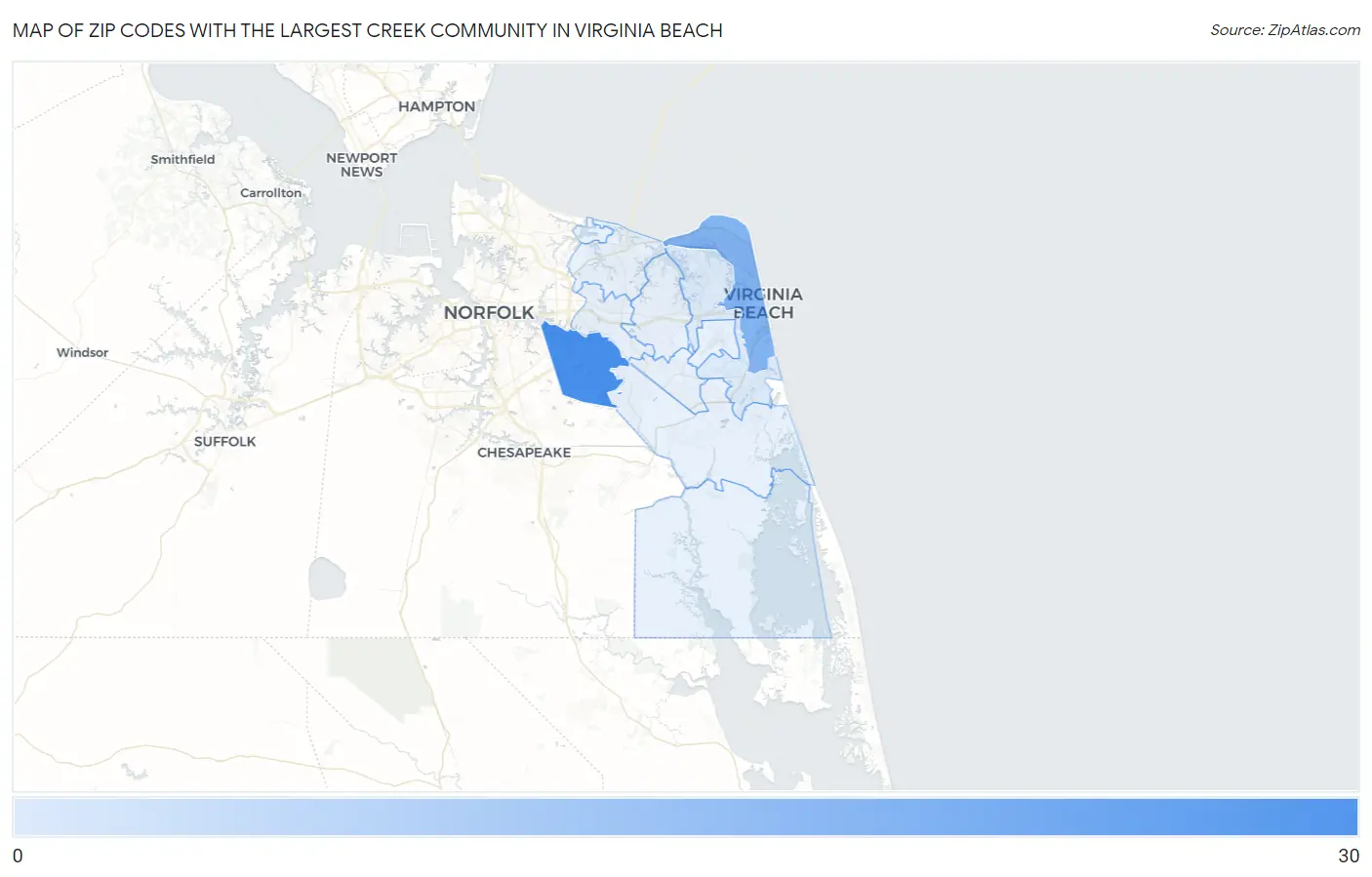 Zip Codes with the Largest Creek Community in Virginia Beach Map