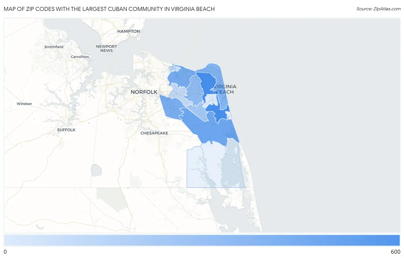 Zip Codes with the Largest Cuban Community in Virginia Beach Map
