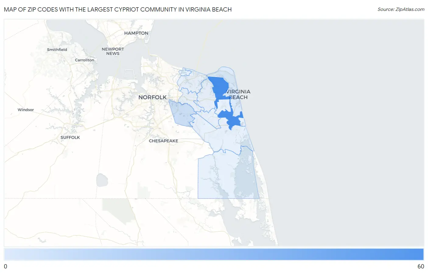 Zip Codes with the Largest Cypriot Community in Virginia Beach Map