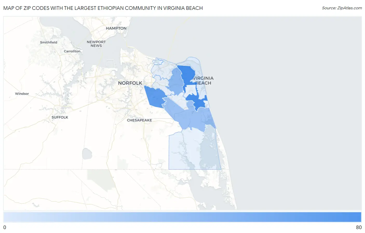 Zip Codes with the Largest Ethiopian Community in Virginia Beach Map
