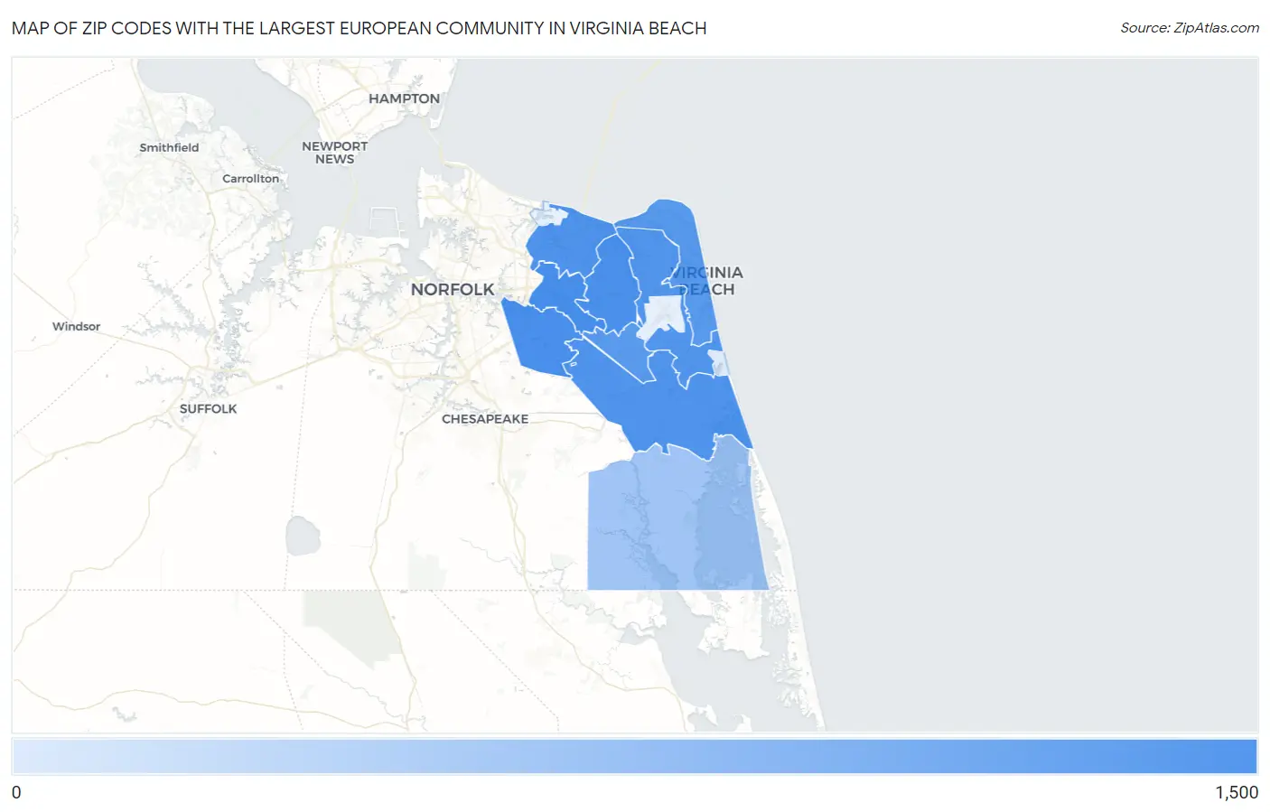 Zip Codes with the Largest European Community in Virginia Beach Map