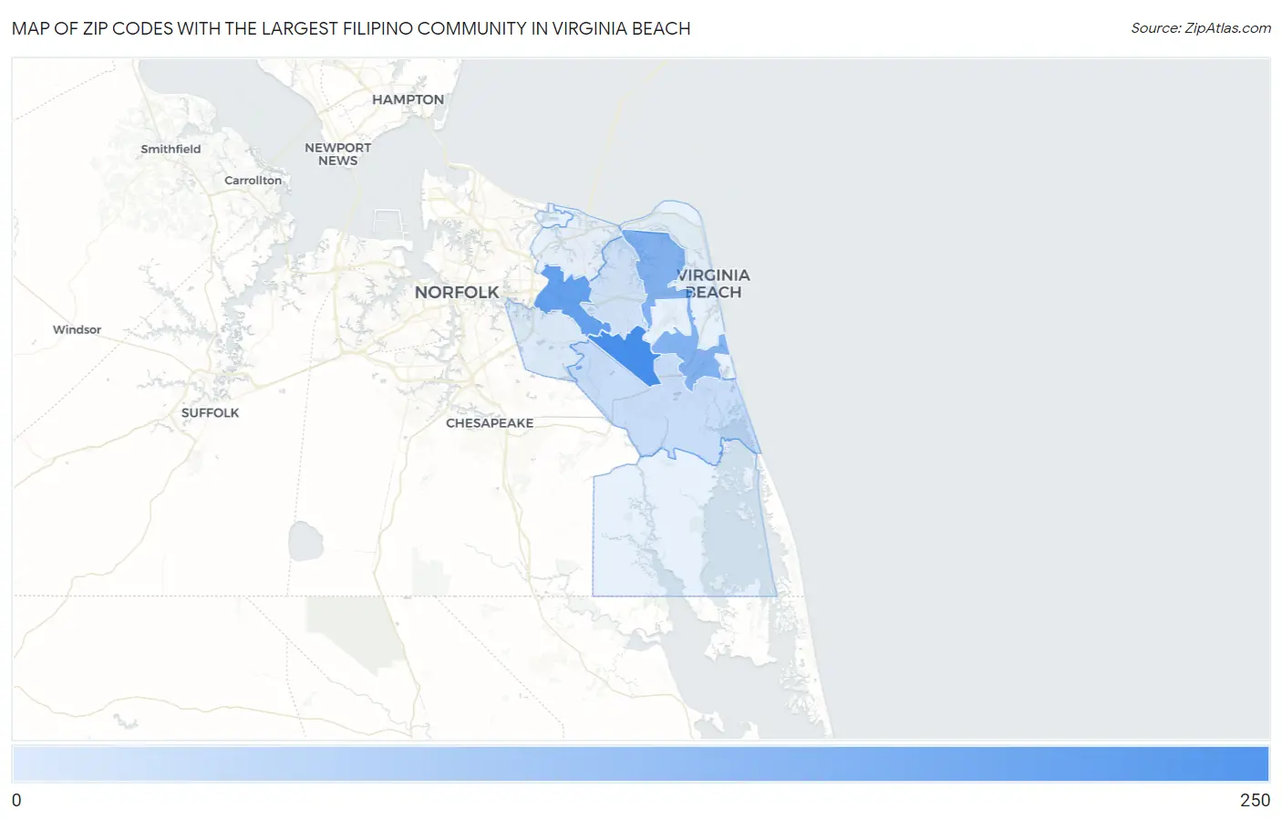 Zip Codes with the Largest Filipino Community in Virginia Beach Map