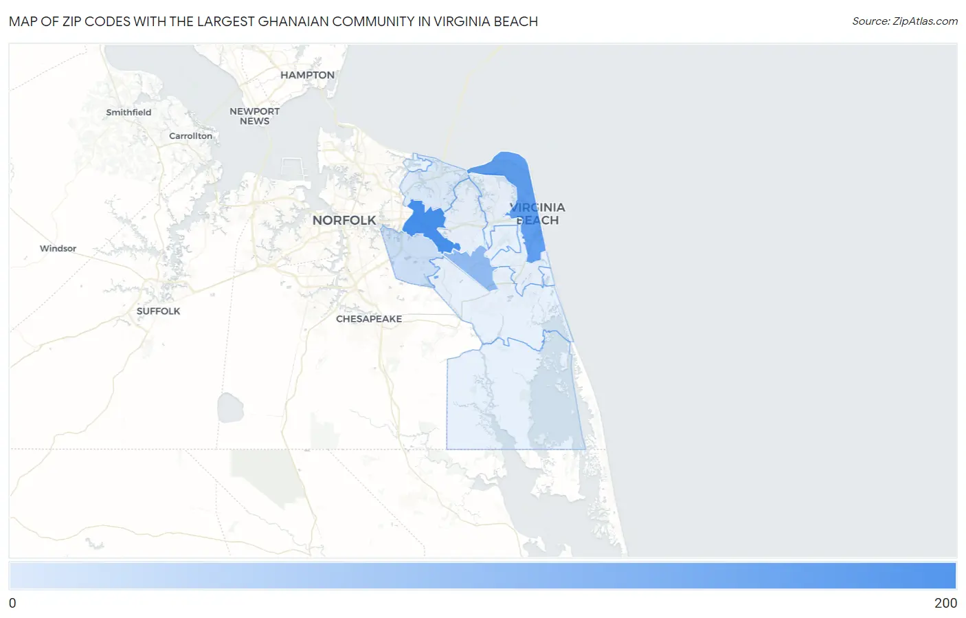 Zip Codes with the Largest Ghanaian Community in Virginia Beach Map