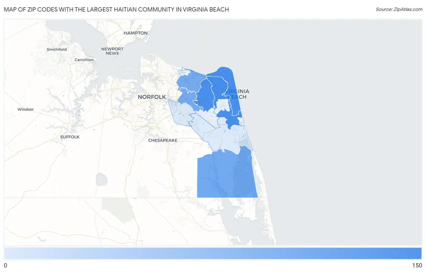 Zip Codes with the Largest Haitian Community in Virginia Beach Map