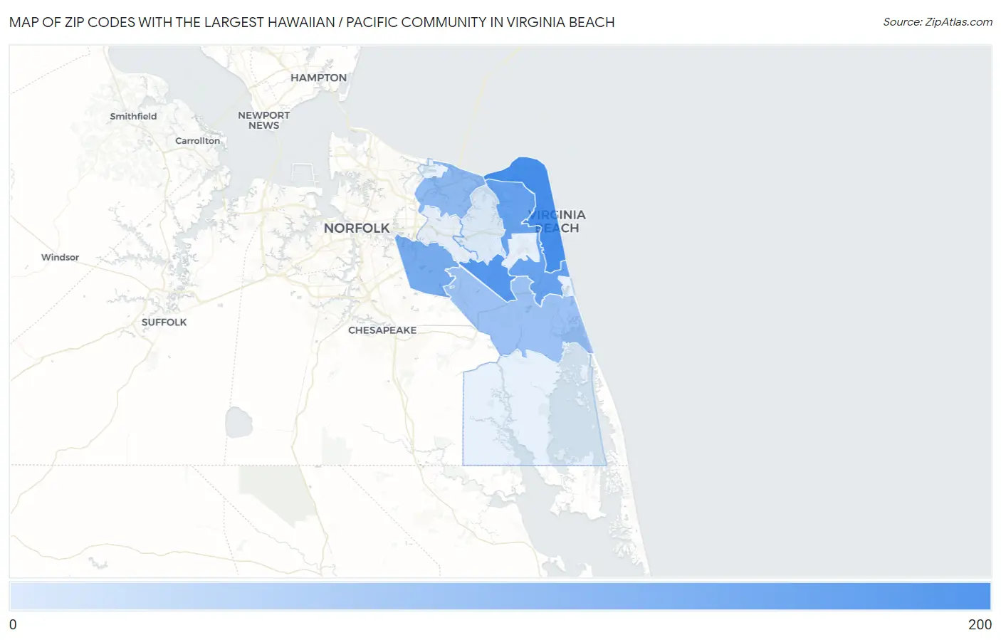 Zip Codes with the Largest Hawaiian / Pacific Community in Virginia Beach Map