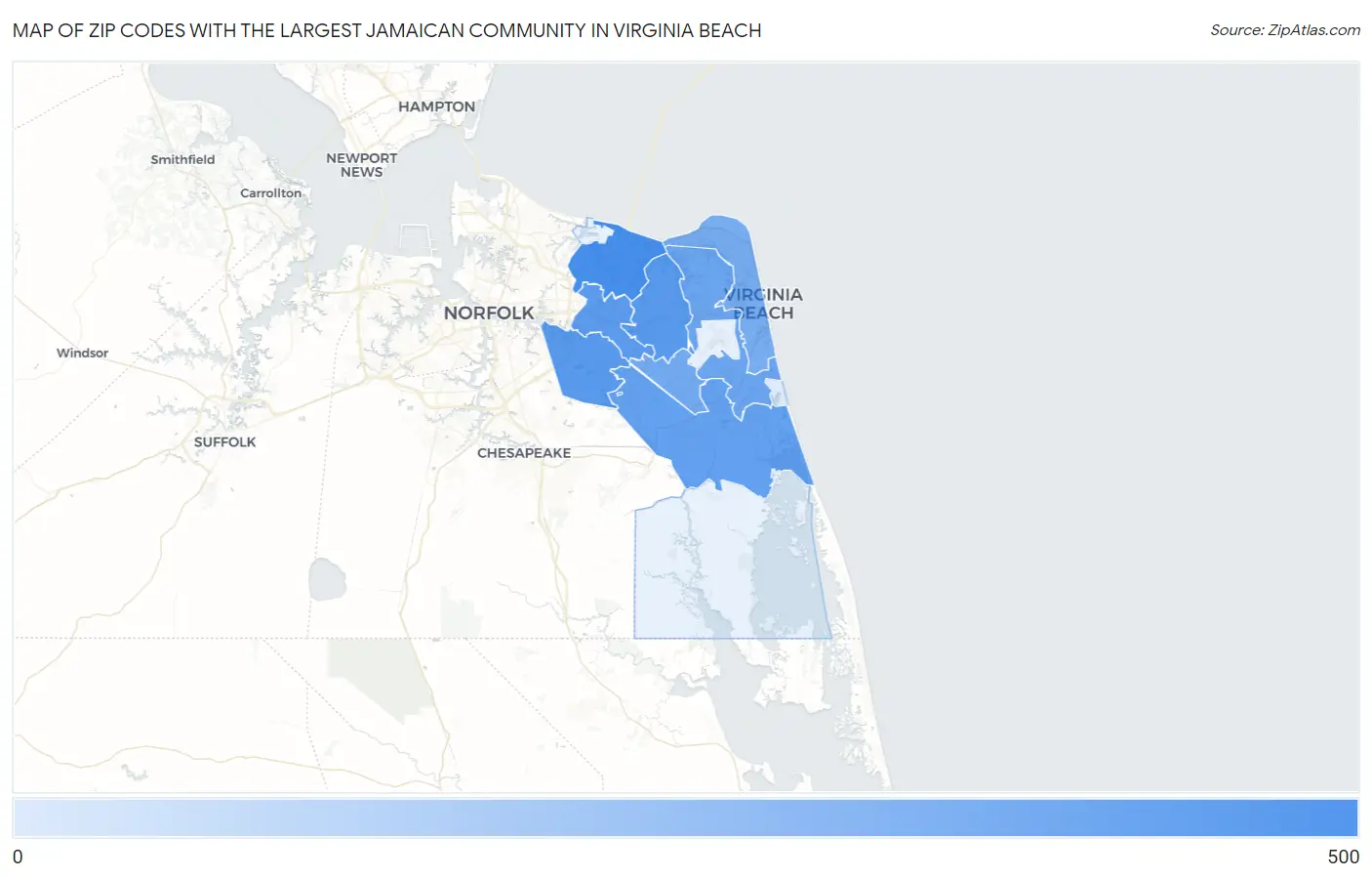 Zip Codes with the Largest Jamaican Community in Virginia Beach Map