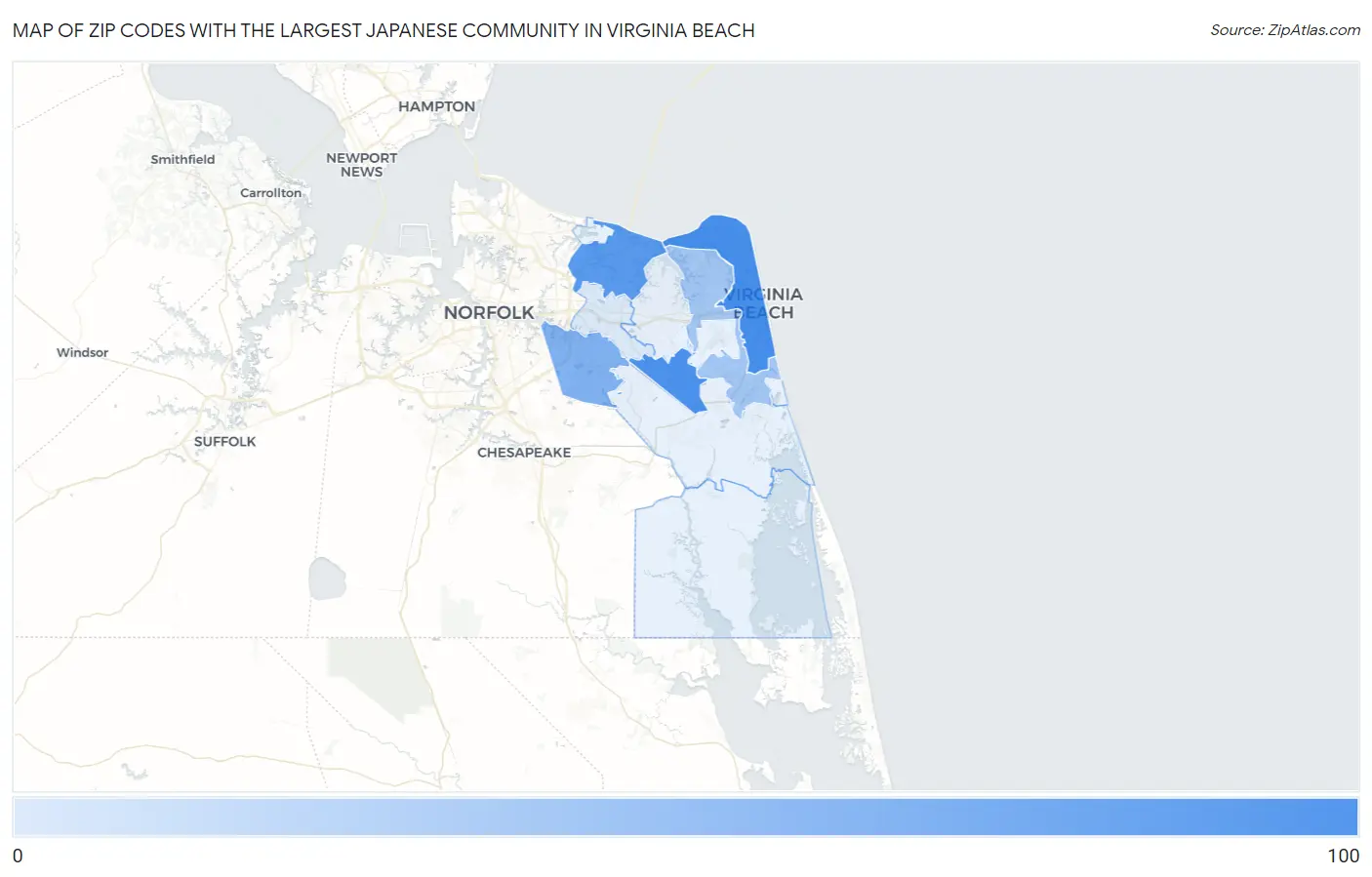 Zip Codes with the Largest Japanese Community in Virginia Beach Map