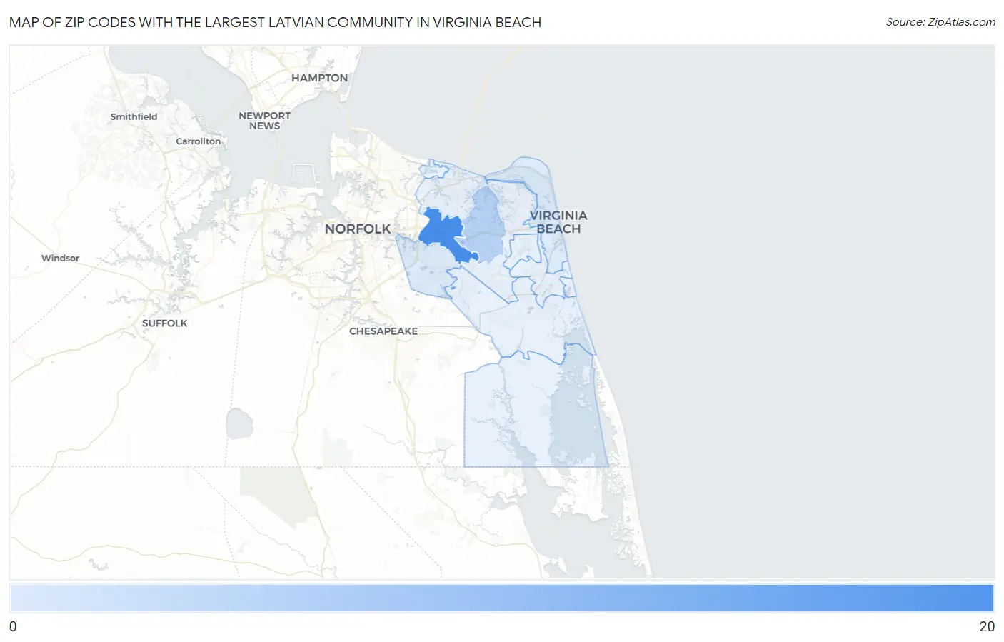 Zip Codes with the Largest Latvian Community in Virginia Beach Map