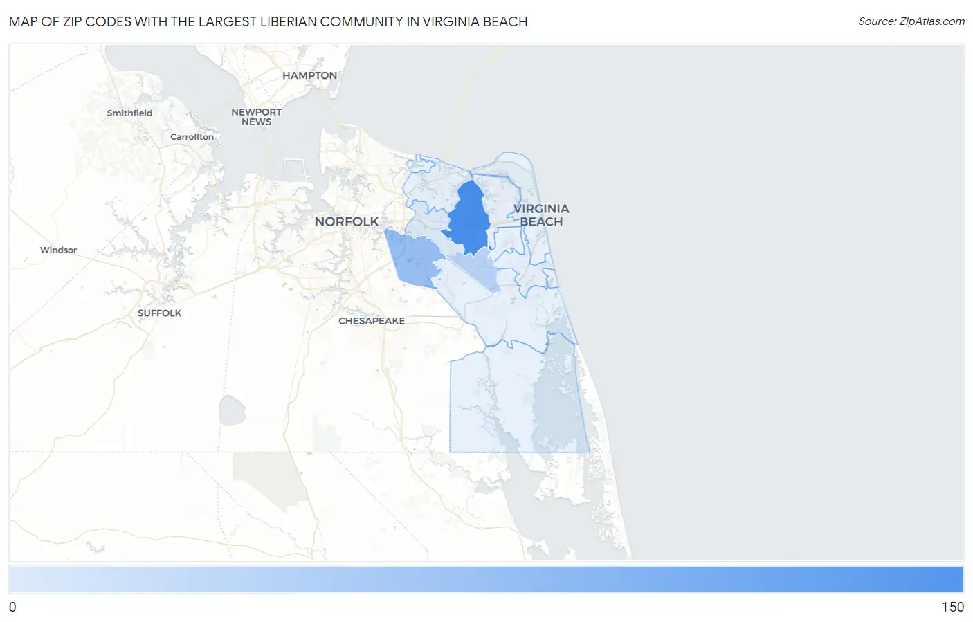 Zip Codes with the Largest Liberian Community in Virginia Beach Map