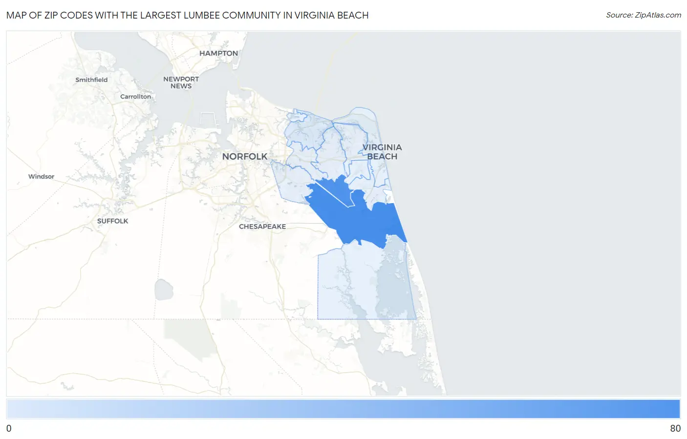 Zip Codes with the Largest Lumbee Community in Virginia Beach Map