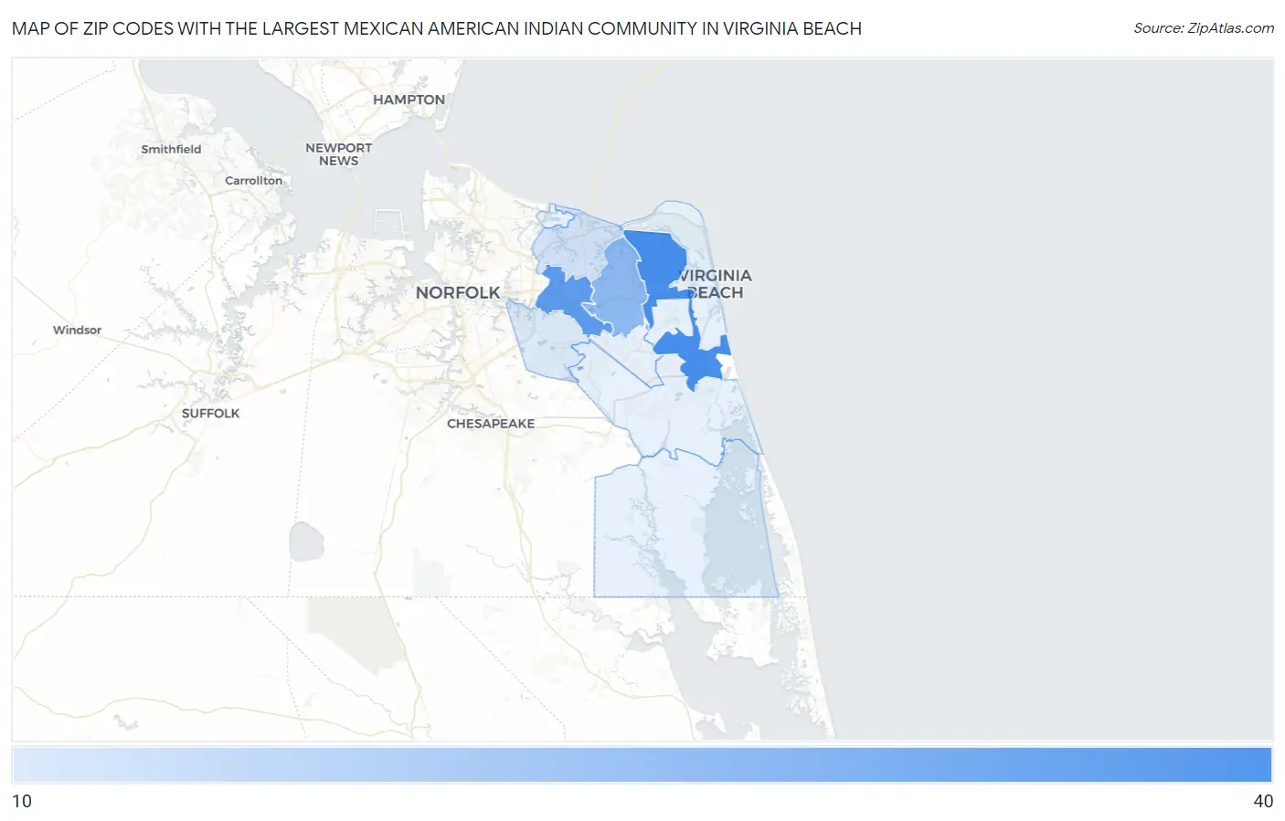 Zip Codes with the Largest Mexican American Indian Community in Virginia Beach Map