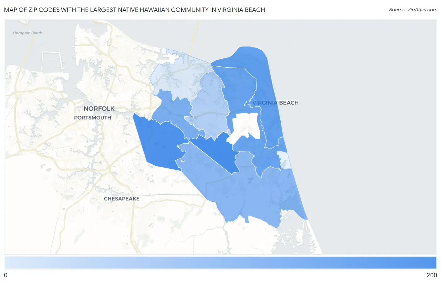 Zip Codes with the Largest Native Hawaiian Community in Virginia Beach Map