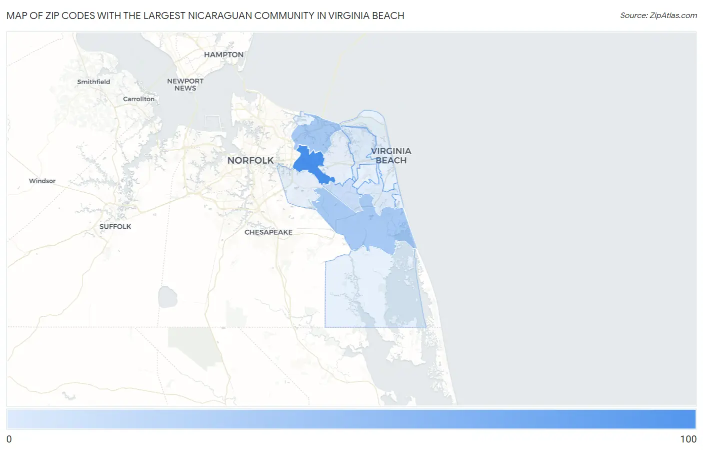 Zip Codes with the Largest Nicaraguan Community in Virginia Beach Map