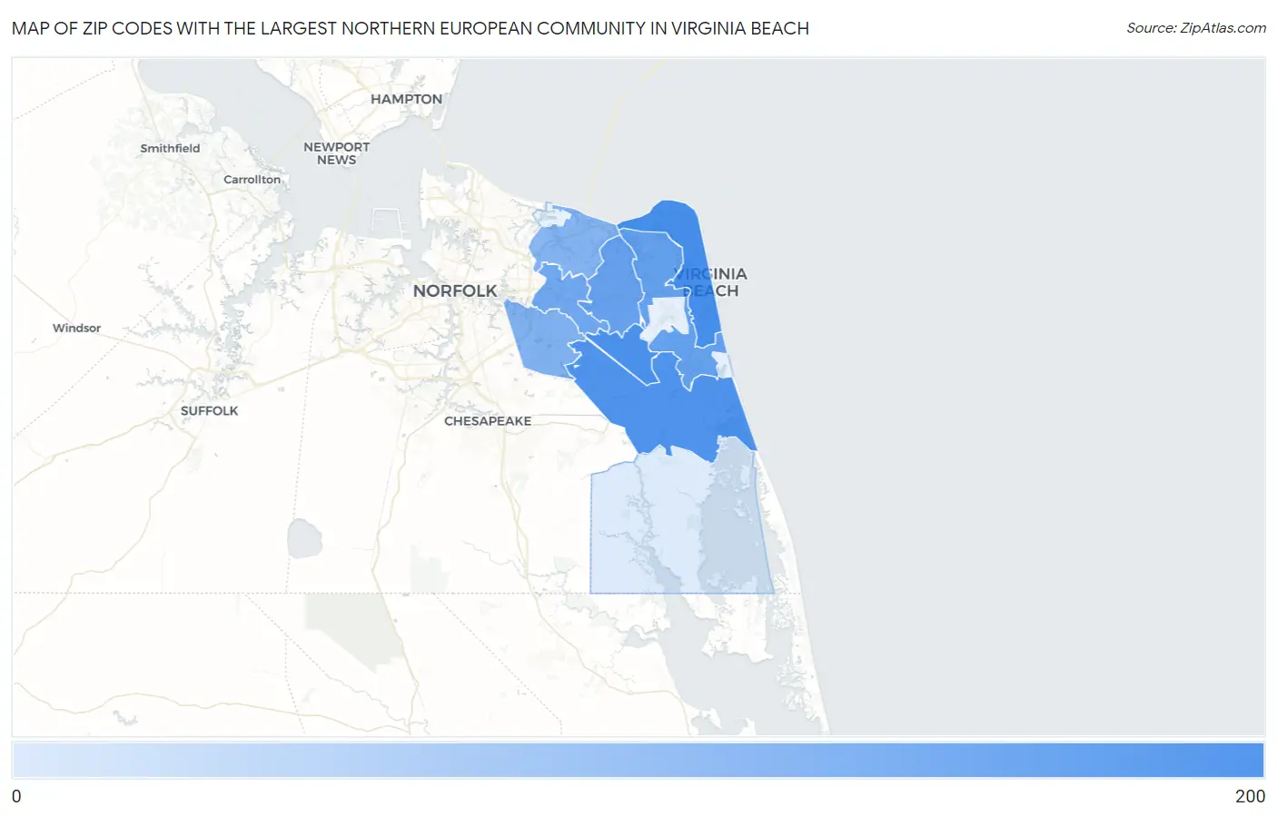 Zip Codes with the Largest Northern European Community in Virginia Beach Map