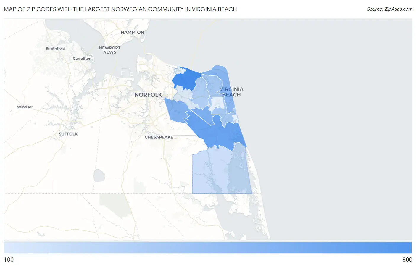 Zip Codes with the Largest Norwegian Community in Virginia Beach Map
