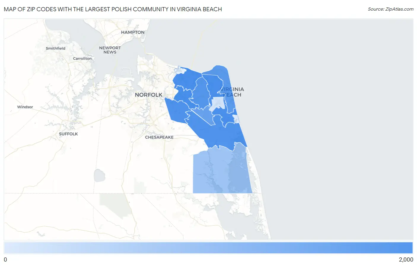 Zip Codes with the Largest Polish Community in Virginia Beach Map