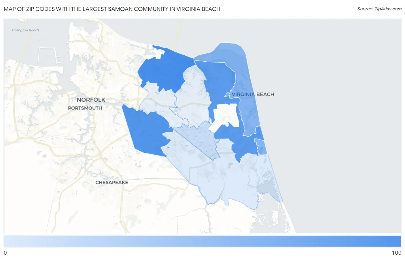 Zip Codes with the Largest Samoan Community in Virginia Beach Map
