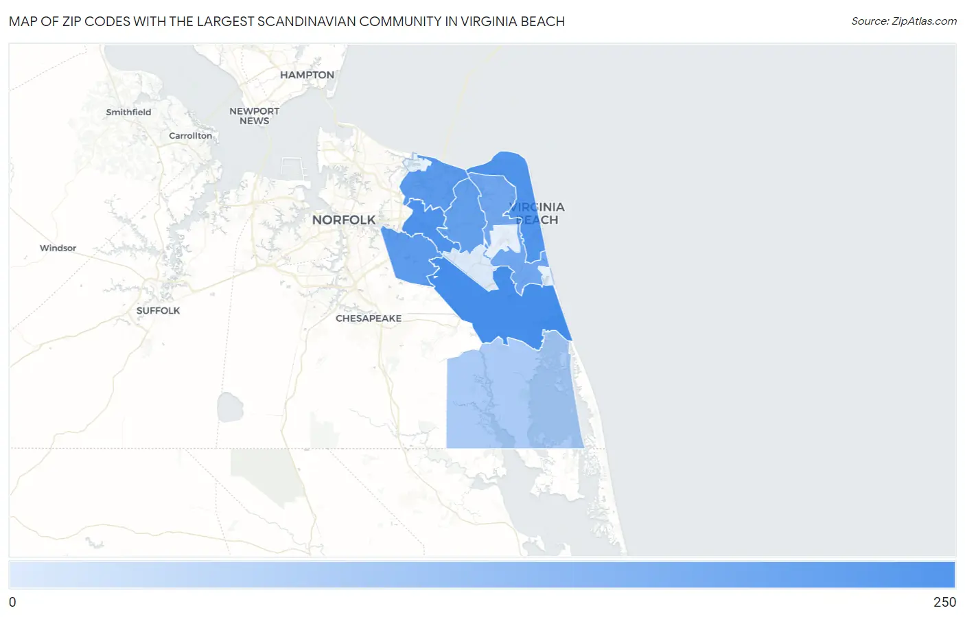 Zip Codes with the Largest Scandinavian Community in Virginia Beach Map