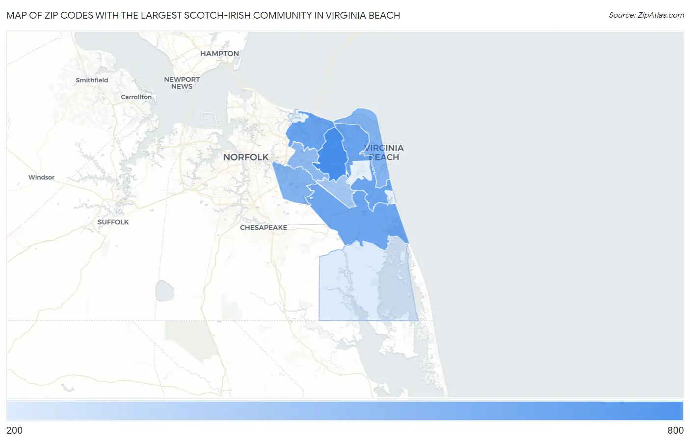 Zip Codes with the Largest Scotch-Irish Community in Virginia Beach Map