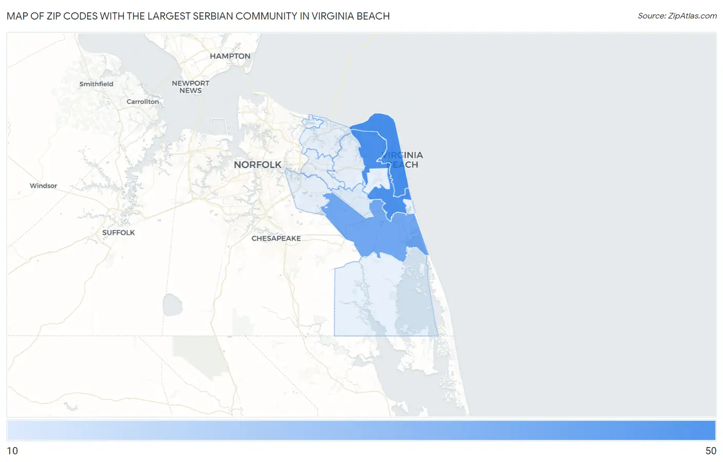 Zip Codes with the Largest Serbian Community in Virginia Beach Map