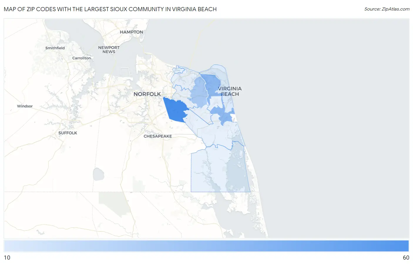 Zip Codes with the Largest Sioux Community in Virginia Beach Map